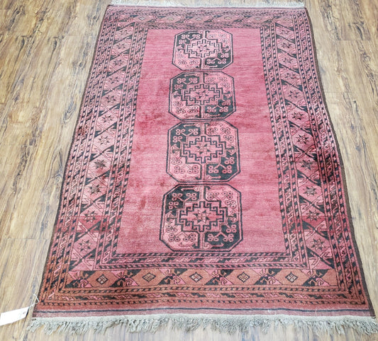 Antique Bukhara Area Rug, Vintage Afghan Bokhara Bashir Rug, 4x6 Hand-Knotted Oriental Carpet, Red & Black Wool Rug, 4' x 5'9