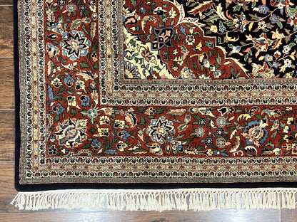 Indo Persian Rug 8x10, Floral Medallion, Vintage Handmade Wool Carpet, Navy Blue and Red, Fine 300 KPSI