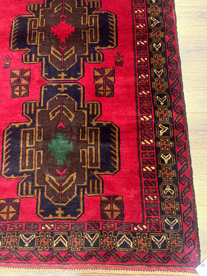 Red Afghan Balouch Rug 4x7, Triple Medallions, Handmade, New