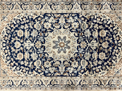 Persian Nain Rug 3x5, Floral Medallion Oriental Carpet, Very Fine Hand Knotted Handmade Wool and Silk Highlights Rug, Vintage Semi Antique