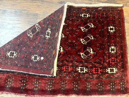 Antique Afghan Turkoman Mafrash Rug 3x5, Red, Hand Knotted, Wool, Tribal Collectible