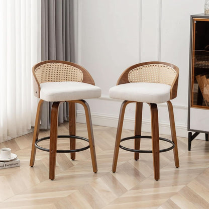 Mid-Century Modern Swivel Rattan Bar Stools Set