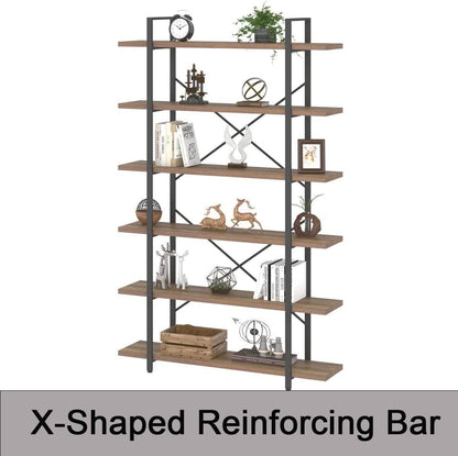 Rustic Oak 6 Tier Tall Bookcase With Metal Frame Industrial