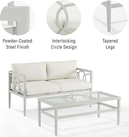 2 Piece Outdoor Coffee Table And Loveseat Set Gray Frame Creme Cushions