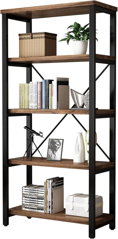 5 Tier Industrial Solid Wood Bookcase With Metal Frame