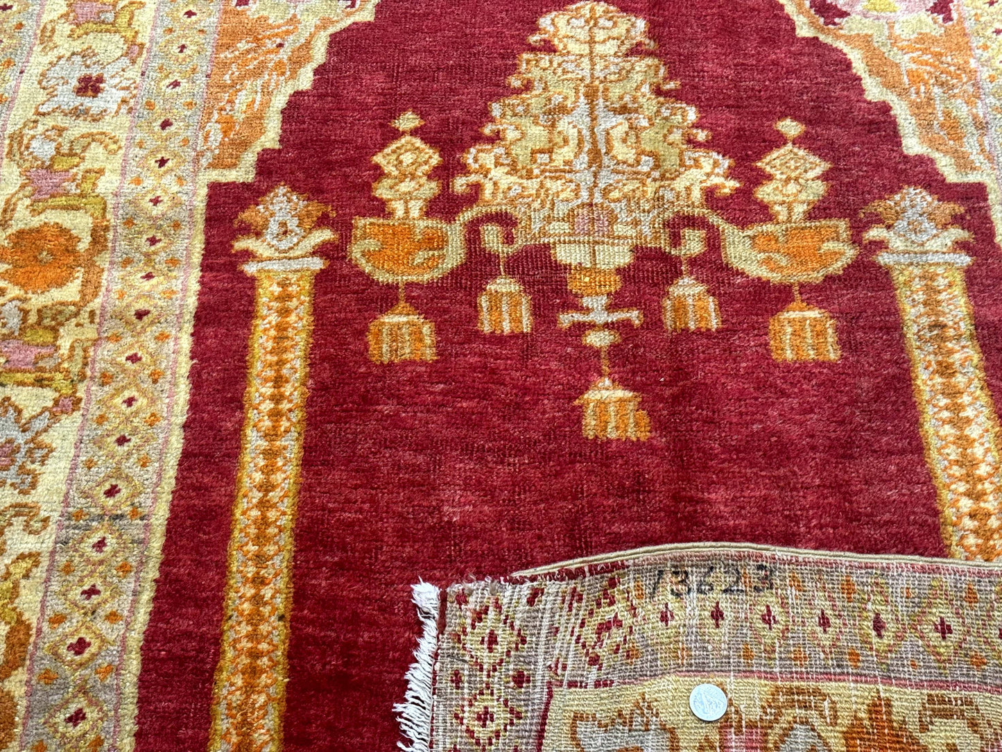 Antique Turkish Prayer Rug 4x6, Red and Golden Mustard, Mihrab Design, Anatolian Carpet
