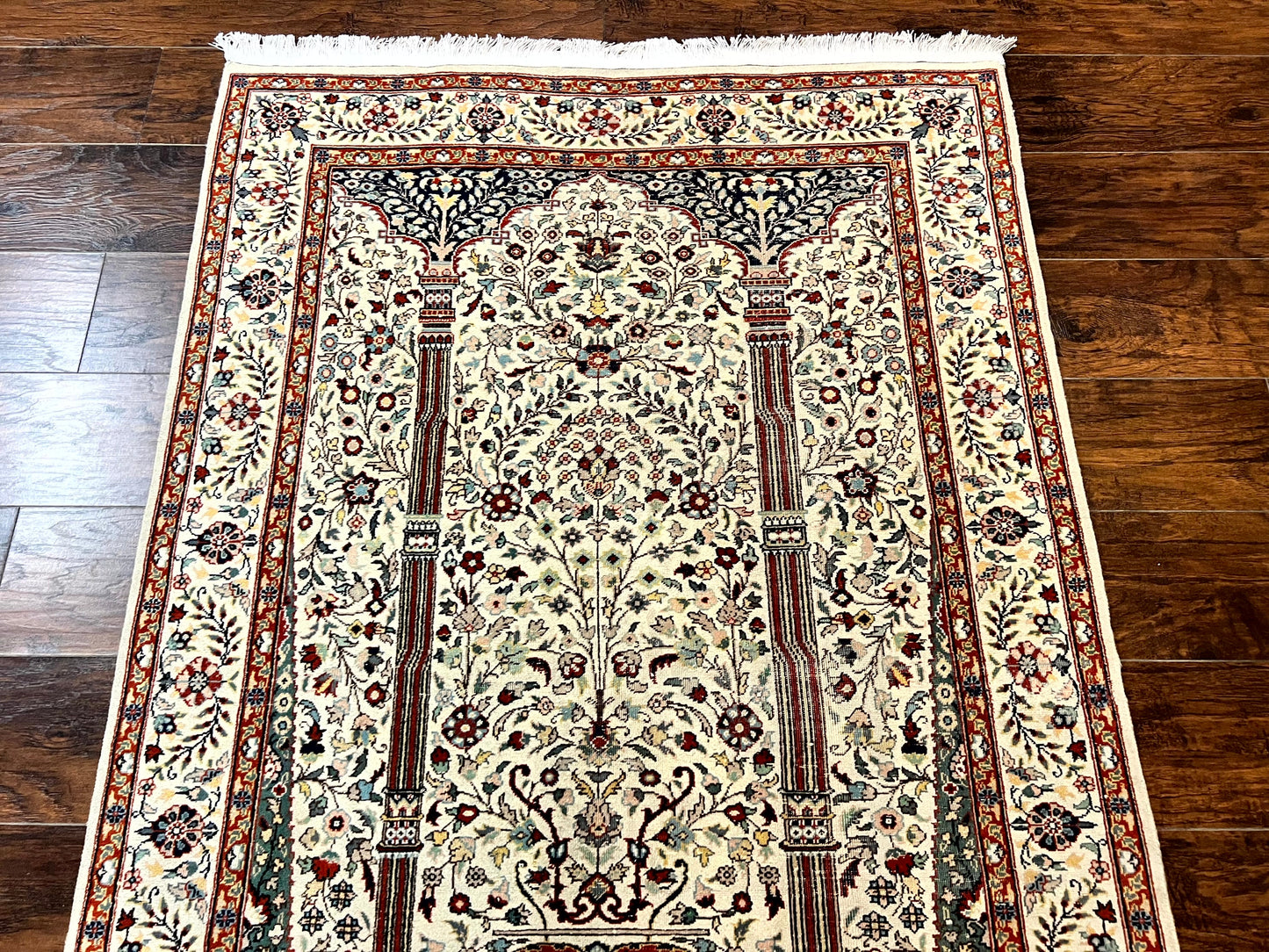 Pak Perisan Prayer Rug 4x6, Tree of LIfe Carpet, Handmade Vintage Wool Rug, Beige, Floral Vases