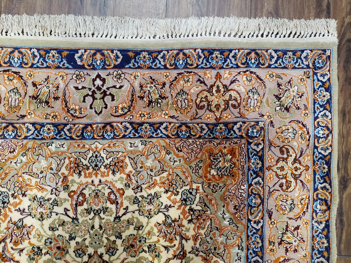 Vintage Persian Isfahan Lachak Toranj Rug, Highly Detailed, Kork Wool on Silk Foundation, Beige and Dark Blue, Hand-Knotted, 3'6" x 5' 4"
