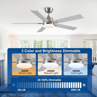 52 Inch Brushed Nickel Ceiling Fan With Remote And Dimmable LED Lighting