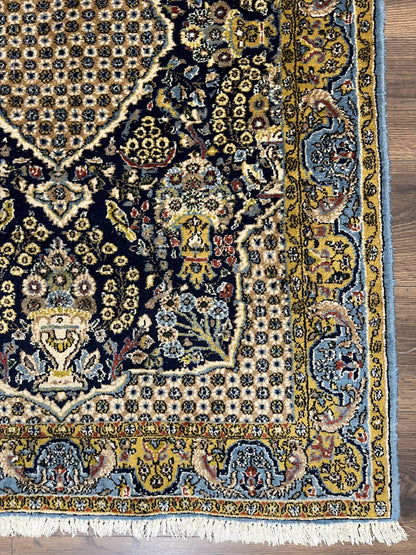 Fine Persian Qum Rug 3x5, Semi Antique Vintage Oriental Ghom Carpet, Floral Medallion, Highly Detailed, Hand Knotted, Navy Blue, Wool Area Rug, Birds