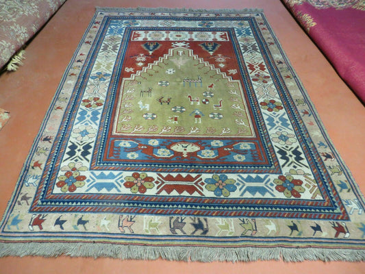 5' X 7' Vintage Handmade Turkish Wool Rug Carpet Melas Animal Human Motifs Colorful Bohemian Boho Style Home Décor