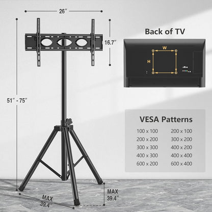 Tripod TV Stand For 23-75 Inch TVs Tilt 15 Degrees