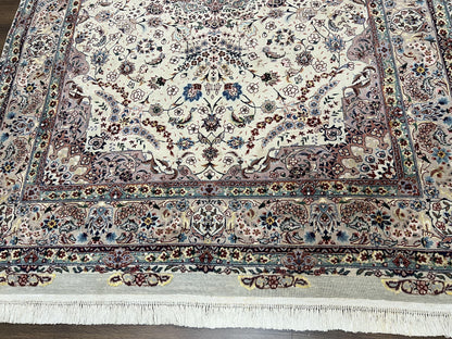 Beautiful Pak Persian Rug 6x9, Floral Medallion, Wool and Silk, Highly Detailed Elegant Carpet, Vintage Oriental Rug 6 x 9, Cream and Gray