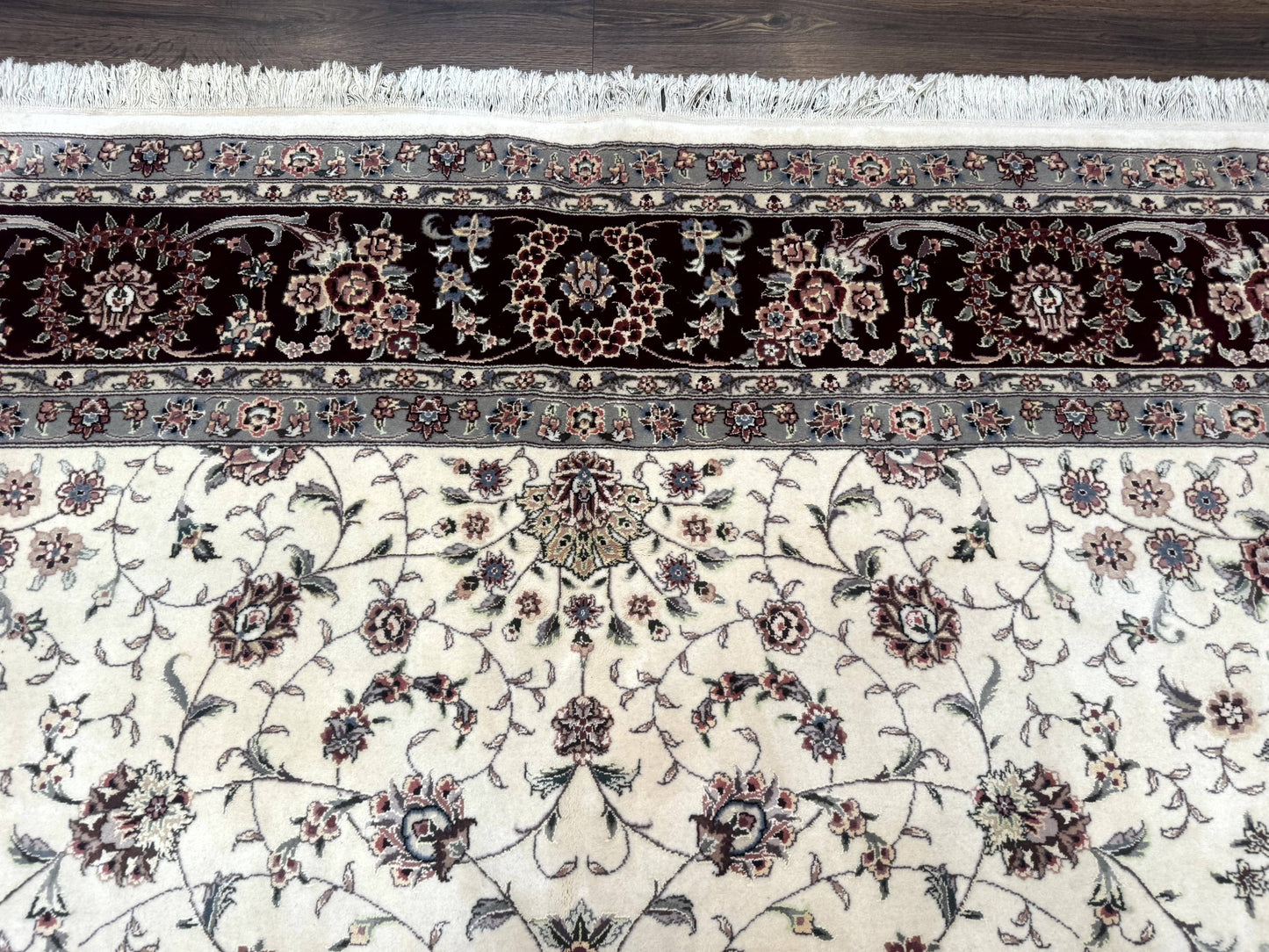 Sino Persian Rug 9x12, Floral Allover Design, 170 KPSI, Ivory and Dark Maroon