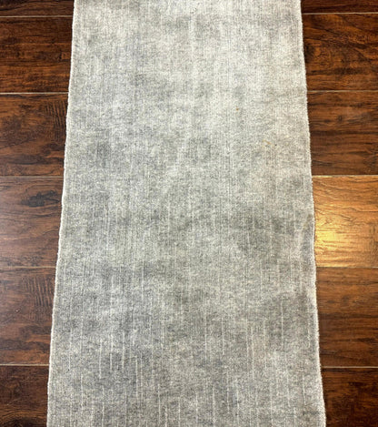 Modern Tibetan Runner Rug 1.9 x 8.6, Wool and Silk Highlights, Gray/Silver, Narrow Runner for Hallway or Kitchen