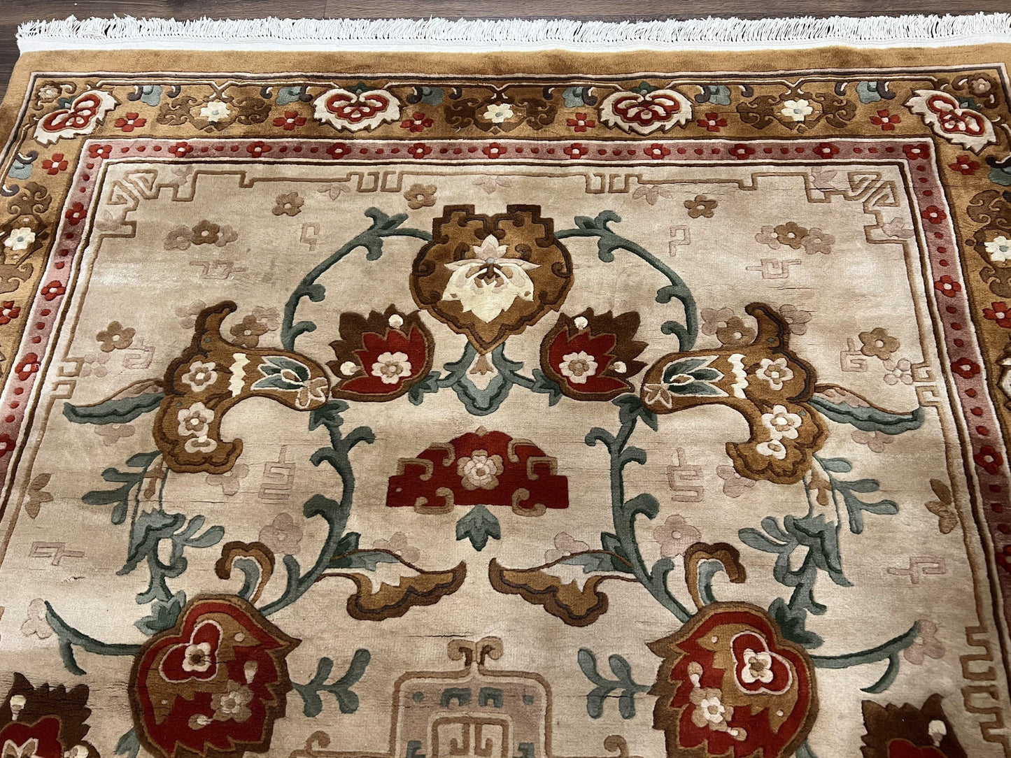 Chinese Wool Rug 5.9 x 9, Tan and Brown Asian Art Deco Carpet, Vintage 1960s Oriental Rug, Hand-Knotted Rug, Soft Wool, Medallion, Pair B