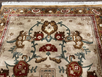 Chinese Wool Rug 5.9 x 9, Tan and Brown Asian Art Deco Carpet, Vintage 1960s Oriental Rug, Hand-Knotted Rug, Soft Wool, Medallion, Pair B