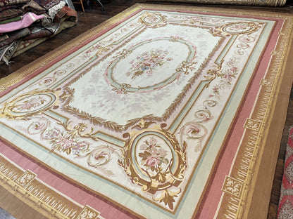 Large Aubusson Rug 11x15, Oversized Gallery Palace Size Flatweave Savonnerie Carpet 11 x 15 ft, Wool Handmade Vintage Elegant European