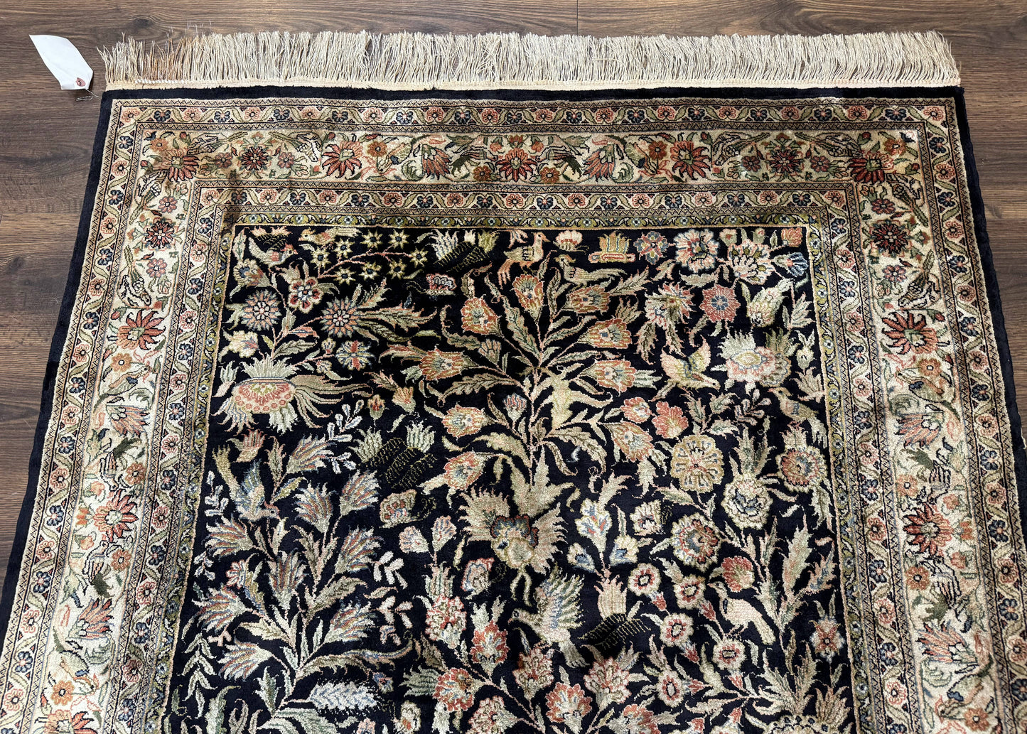 Silk Rug 4x6, Black and Cream, Floral & Bird Pictorials, Fine 330 KPSI, Sino Persian Rug