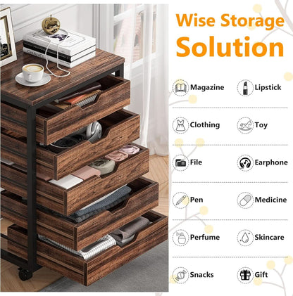 Industrial Five Drawer Wood Dresser Cart BrownFinish