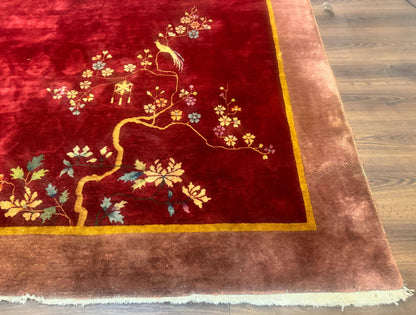 Red Chinese Art Deco Rug 9x11, Simple Design, Wool Chinese Area Rug, Antique