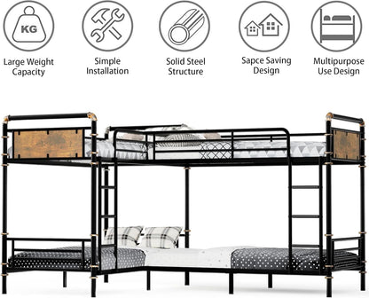 Quad Bunk Bed Twin Size Metal With Ladders Detachable Black