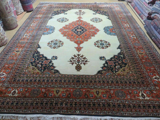 Indo Persian Rug 9x12, Semi Open Field Medallion, Ivory Tomato Red Navy Blue, Hand Knotted Indian Oriental Wool Carpet 9 x 12 ft, Room Sized