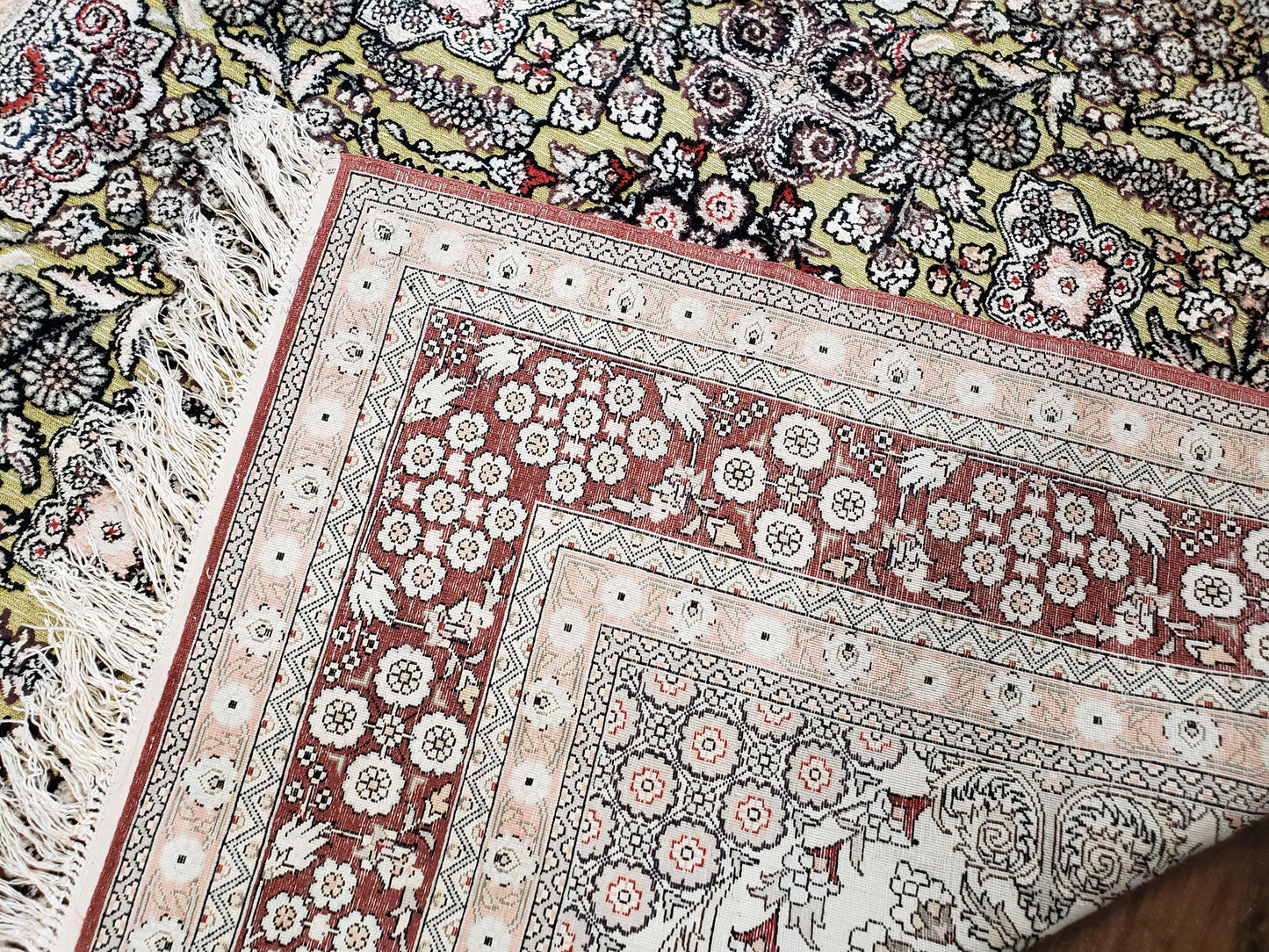 Vintage Silk Rug with Gold Threads, 5x8 Silk Oriental Carpet, Red Black Gold Hand-Knotted Fine Silk Real Gold Wire Threads Kashmiri Silk Rug