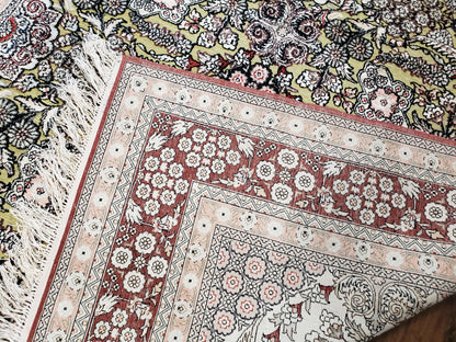 Vintage Silk Rug with Gold Threads, 5x8 Silk Oriental Carpet, Red Black Gold Hand-Knotted Fine Silk Real Gold Wire Threads Kashmiri Silk Rug