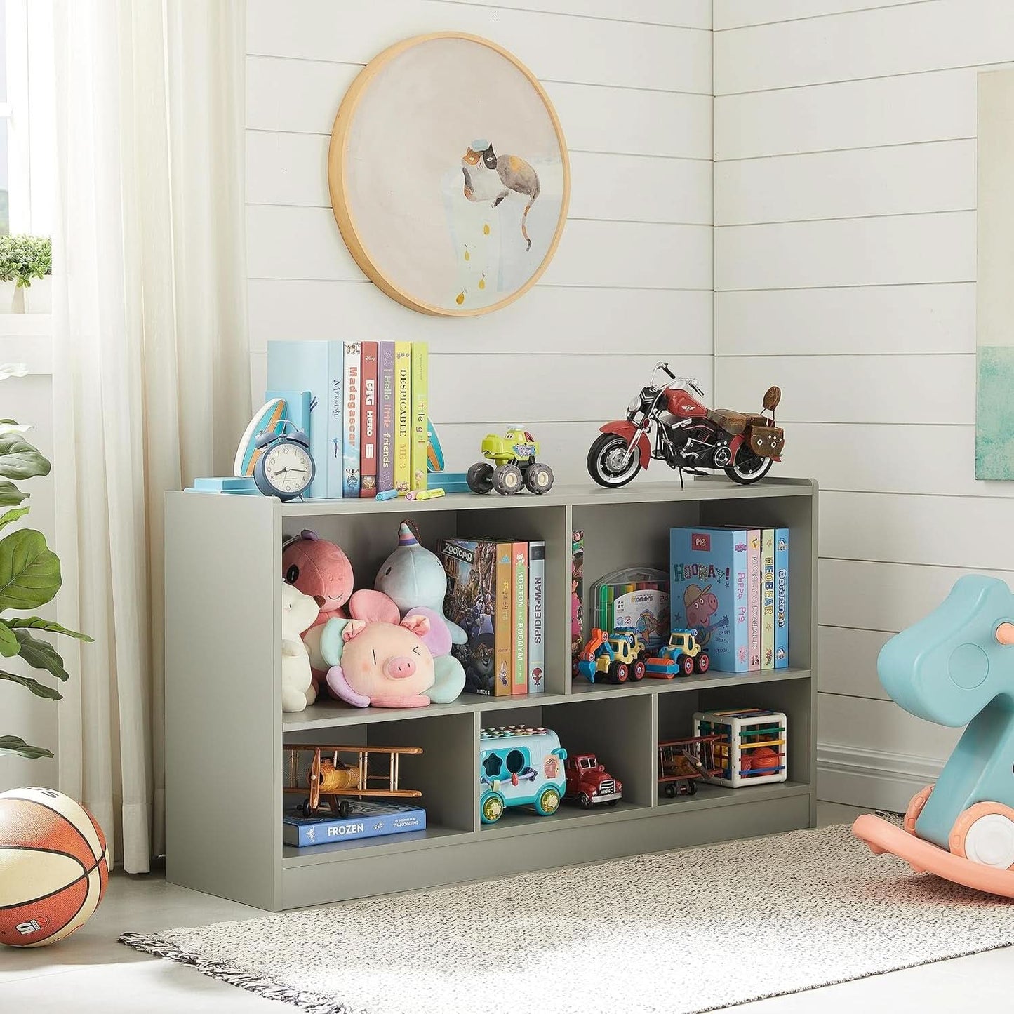 Grey 5 Section Toy Organizer And Bookshelf For Kids Storage