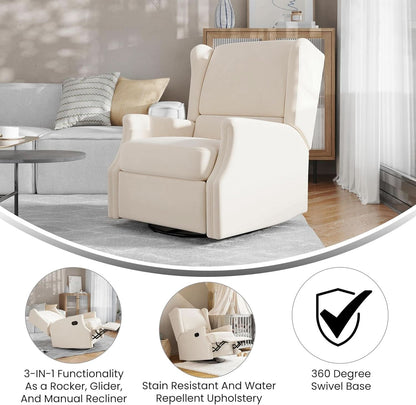 Omma Swivel Glider Rocking Recliner Cream Upholstered 3In1