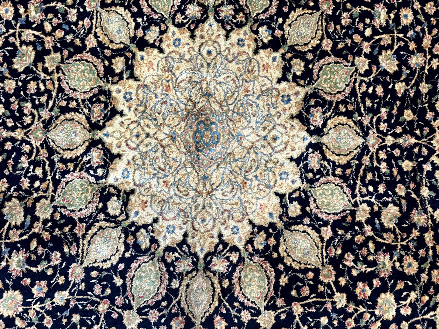 Large Persian Kerman Rug 10x14, Navy Blue and Beige, Floral Medallion, Traditional Elegant Persian Carpet, Signed by Masterweaver