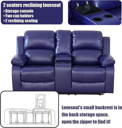 Blue Leather Reclining Sofa Set With Drop Table And Storage