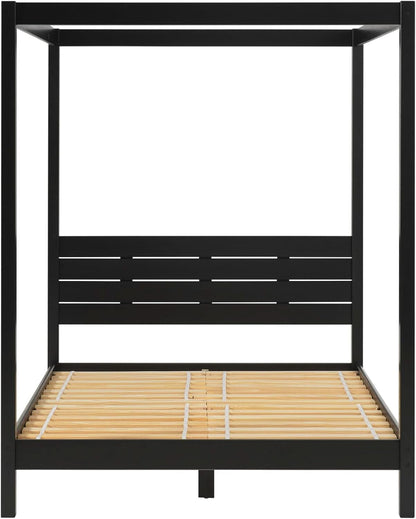 Modern Black Queen Canopy Bedframe with Slatted Headboard