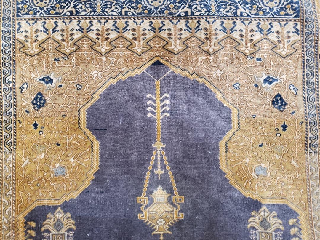 Rare Turkish Ghiordes Prayer Rug 4 x 5.8 ft, Late 19th Century Turkish Oriental Carpet, Mehrab Antique Prayer Rug, Museum Quality, Blue, Tan