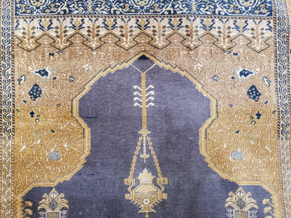 Rare Turkish Ghiordes Prayer Rug 4 x 5.8 ft, Late 19th Century Turkish Oriental Carpet, Mehrab Antique Prayer Rug, Museum Quality, Blue, Tan