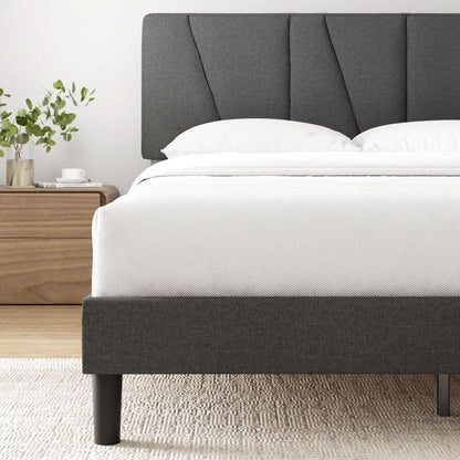 Queen Size Upholstered Bed Frame With Asymmetric Headboard