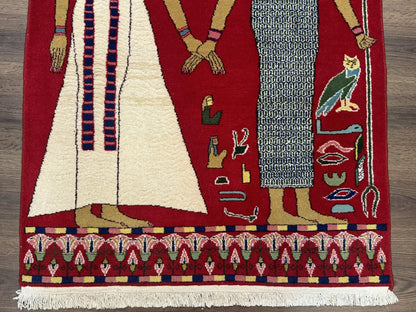 Egyptian Pictorial Rug 3x4, Hieroglyphic Pictorial Rug, Egyptian Prince and Princess, Cleopatra, Vintage Handmade, Red