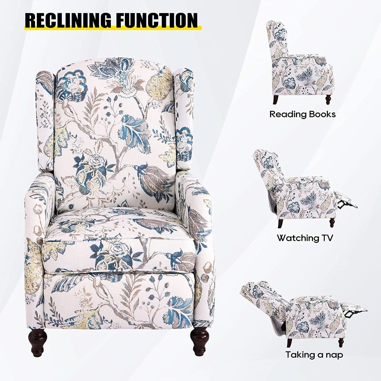 Upholstered Wingback Recliner Chair Blue Floral Elegant