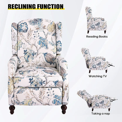 Upholstered Wingback Recliner Chair Blue Floral Elegant