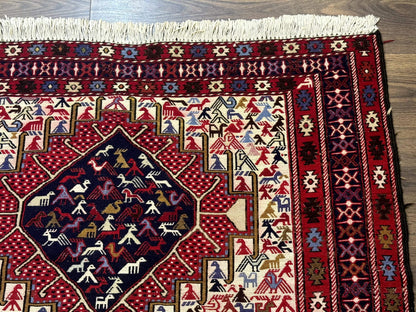 Persian Soumak Kilim Rug 4x6, Triple Medallions Tribal Pictorials, Caucasian Azerbaijani Kilim