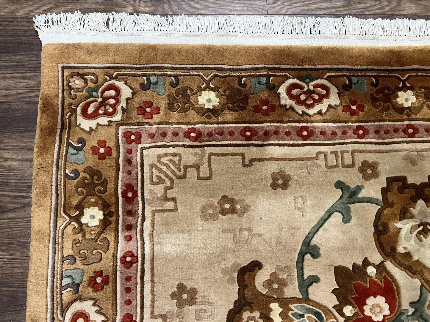 Chinese Wool Rug 5.9 x 9, Tan and Brown Asian Art Deco Carpet, Vintage 1960s Oriental Rug, Hand-Knotted Rug, Soft Wool, Medallion, Pair B