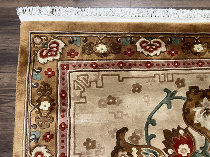 Chinese Wool Rug 5.9 x 9, Tan and Brown Asian Art Deco Carpet, Vintage 1960s Oriental Rug, Hand-Knotted Rug, Soft Wool, Medallion, Pair B