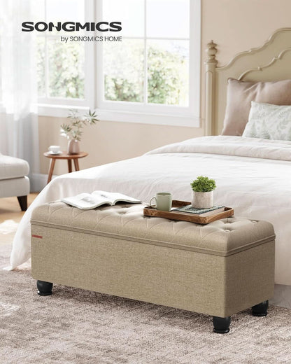 Camel Brown Linen Storage Ottoman Bench Reinforced