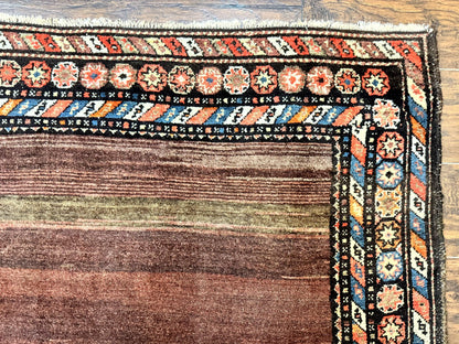 Antique Persian Rug 4x7, Sarab Tribal Wool Carpet, Brown and Multicolor, Handmade Wide Runner Rug 4 x 7, Open Field, Rainbow Border