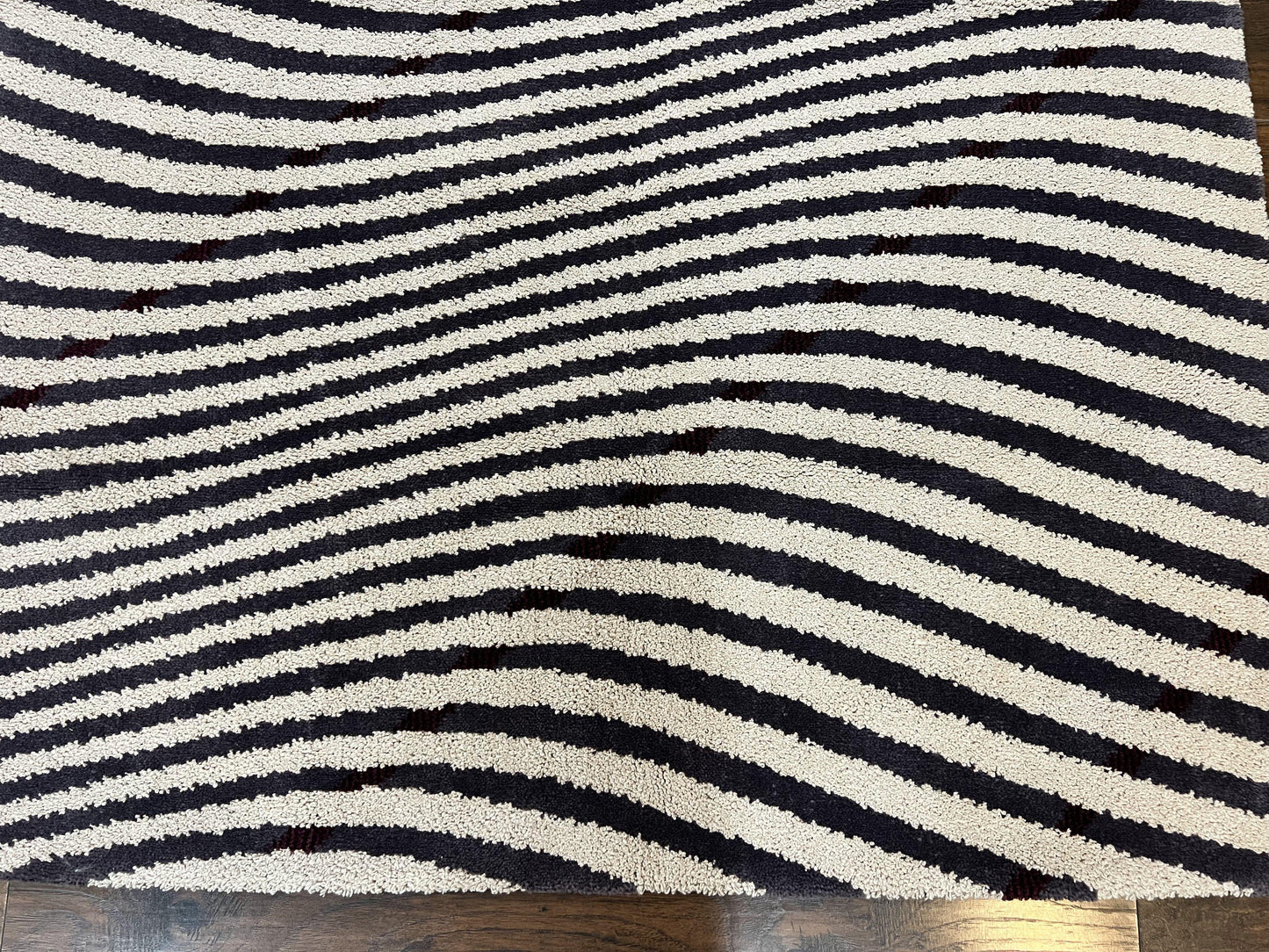 Vintage Zebra Stripes Shag Rug 5.7 x 7.4, Black and White, Retro, Wool