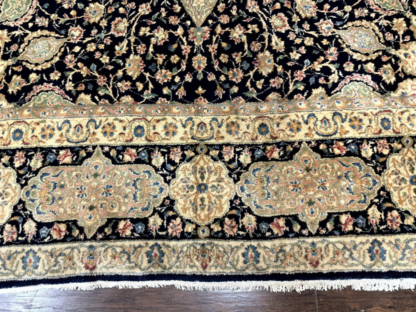 Large Persian Kerman Rug 10x14, Navy Blue and Beige, Floral Medallion, Traditional Elegant Persian Carpet, Signed by Masterweaver