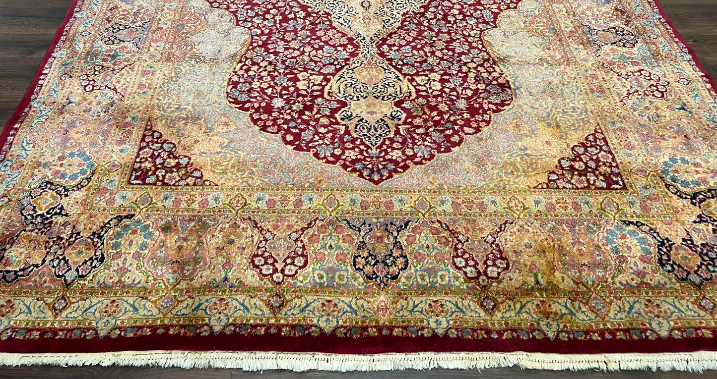 Persian Rug 9x12, Kirman DeLuxe, Millefleur Floral Medallion Carpet, Maroon Light Blue Beige, Semi Antique Authentic Hand Knotted Wool Rug