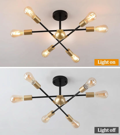 Black And Gold 6 Light Sputnik Ceiling Chandelier Semi Flush Mount UL Listed