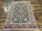 Persian Kashan Rug 4x7, Floral Medallion Vintage Handmade Hand Knotted Navy Blue & Red Wool Oriental Carpet, Highly Detailed Semi Antique Rug